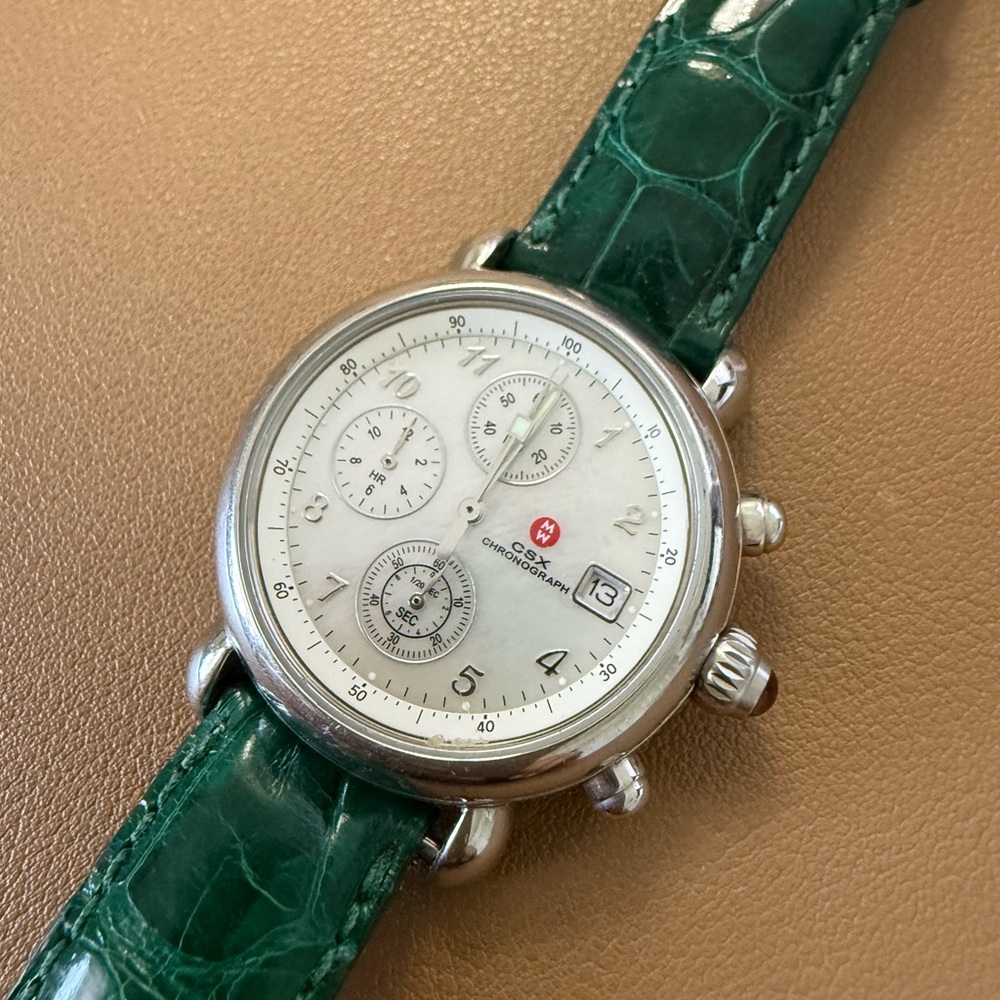 Chronograph Michele Watch with Green Leather Strap